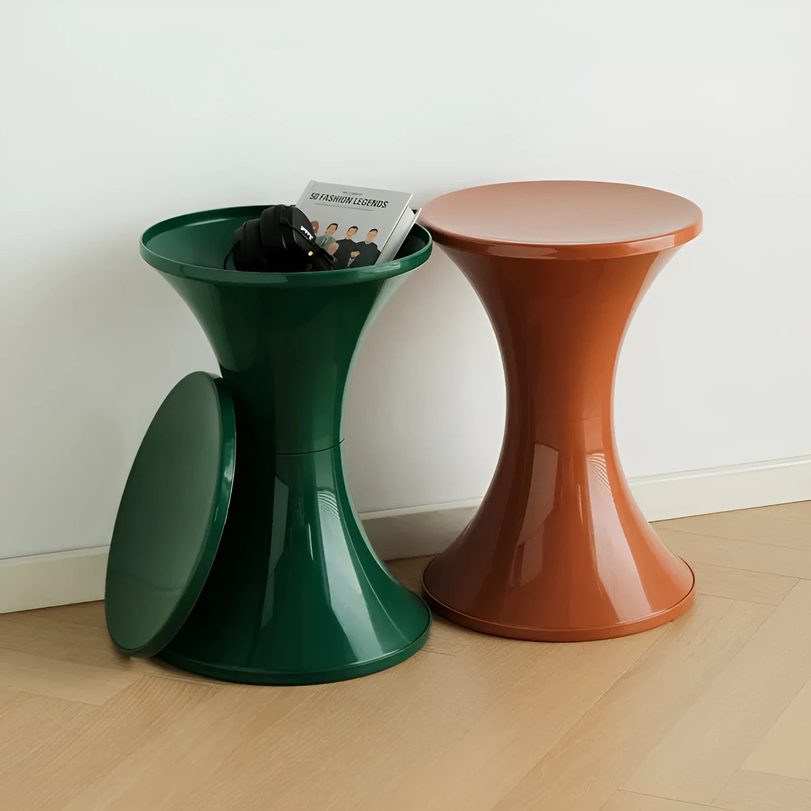 Green plastic hourglass-shaped shoe changing stool for children and adults