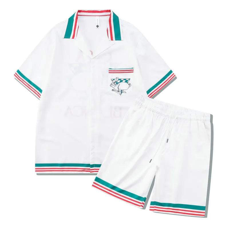 Men's plaid print short sleeve shirt and matching trousers, a two-piece casual beach outfit set.