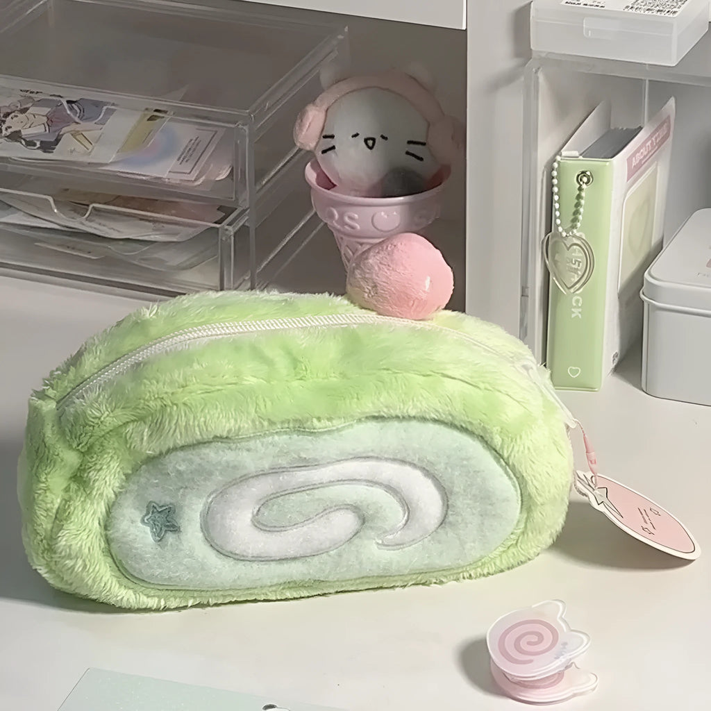 Swiss roll cake patterned velvet pencil case for stationery storage.