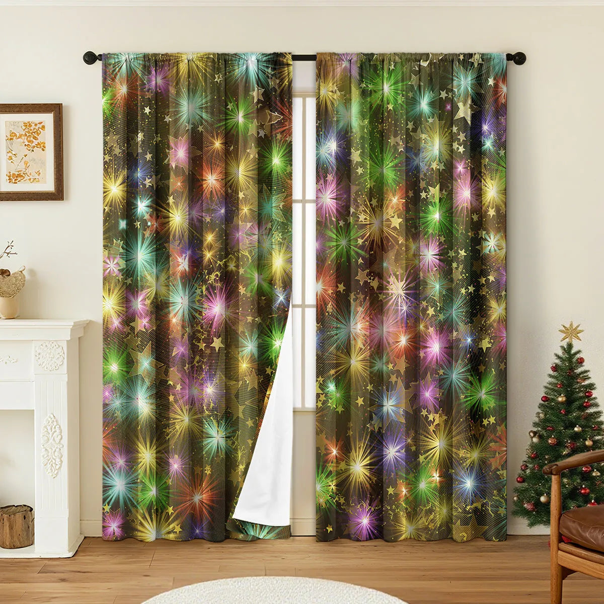 Pair of 3D digital printed polyester Christmas curtains with high sunshade capability in various sizes