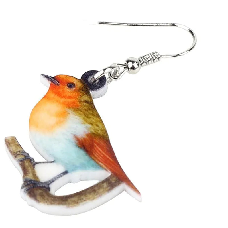 Blue titmouse bird pendant acrylic earrings with geometric drop design and snake chain links