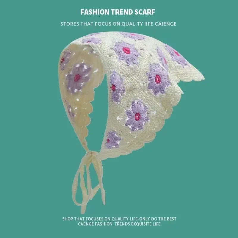 Cotton triangular headscarf with French retro floral pattern in multiple colour options