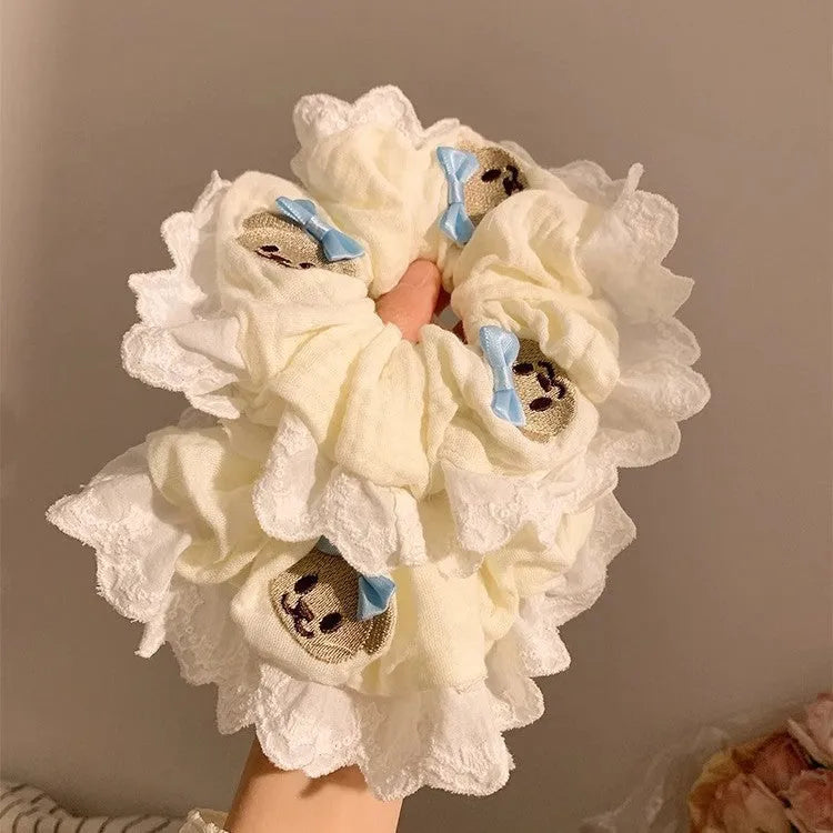 Bear blue bow lace large intestine hair ring made from cloth fabric with high elasticity