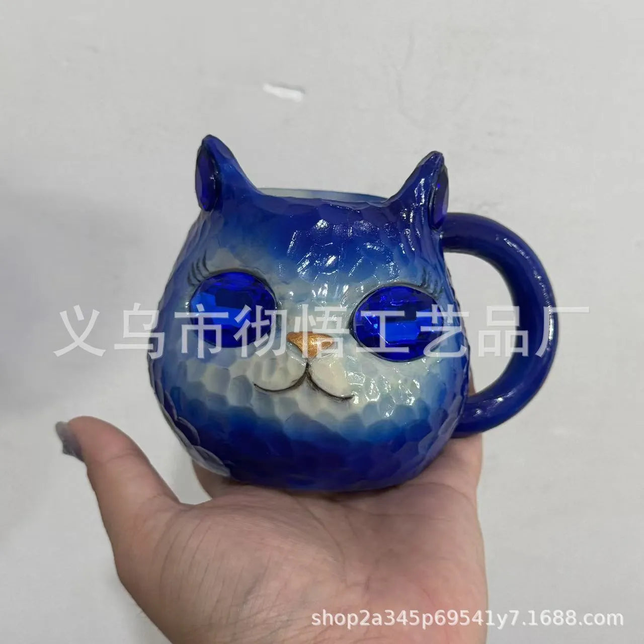 Translucent resin cat cup ornament in American style, shown in purple, green, blue, and pink colour options.