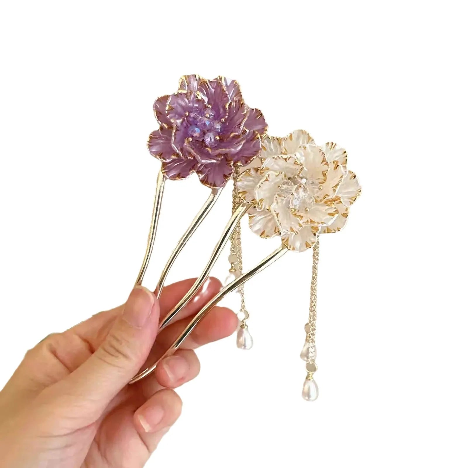 Purple and white retro peony flower with tassel on a U-shaped alloy hairpin.