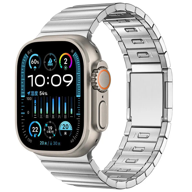 Silver magnetic buckle stainless steel strap for Apple Watch on a wrist