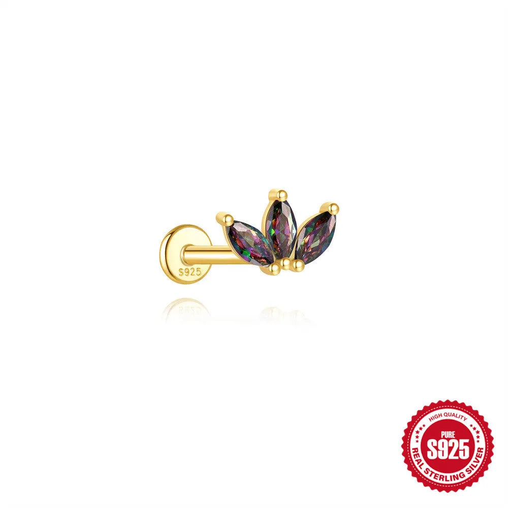 S925 sterling silver thread piercing earring with super shiny rainbow stone flat head in single gold colour.