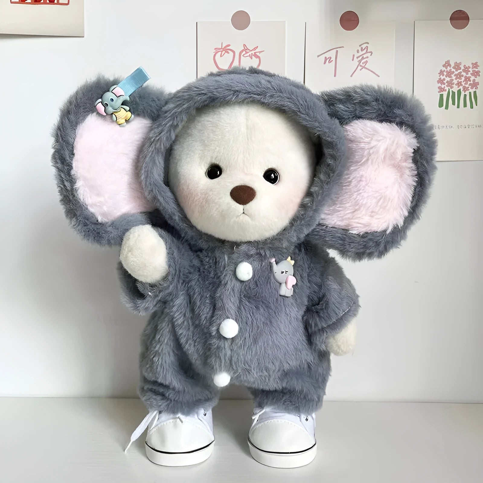 Grey elephant pattern plush jumpsuit for 30cm dolls compatible with Lina Bear clothes