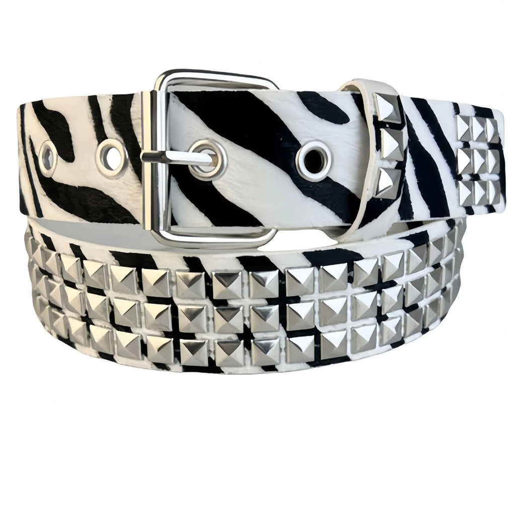 Women's punk hip hop belt with metal rivets and animal print pattern in brown leopard, rose red, or white zebra.