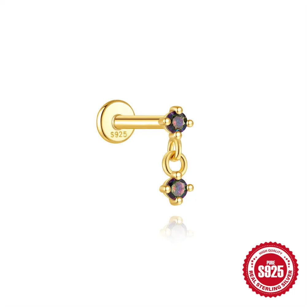 S925 sterling silver thread piercing earring with super shiny rainbow stone flat head in single gold colour.
