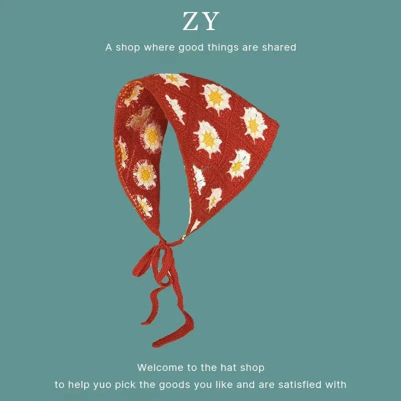 Cotton triangular headscarf with French retro floral pattern in multiple colour options
