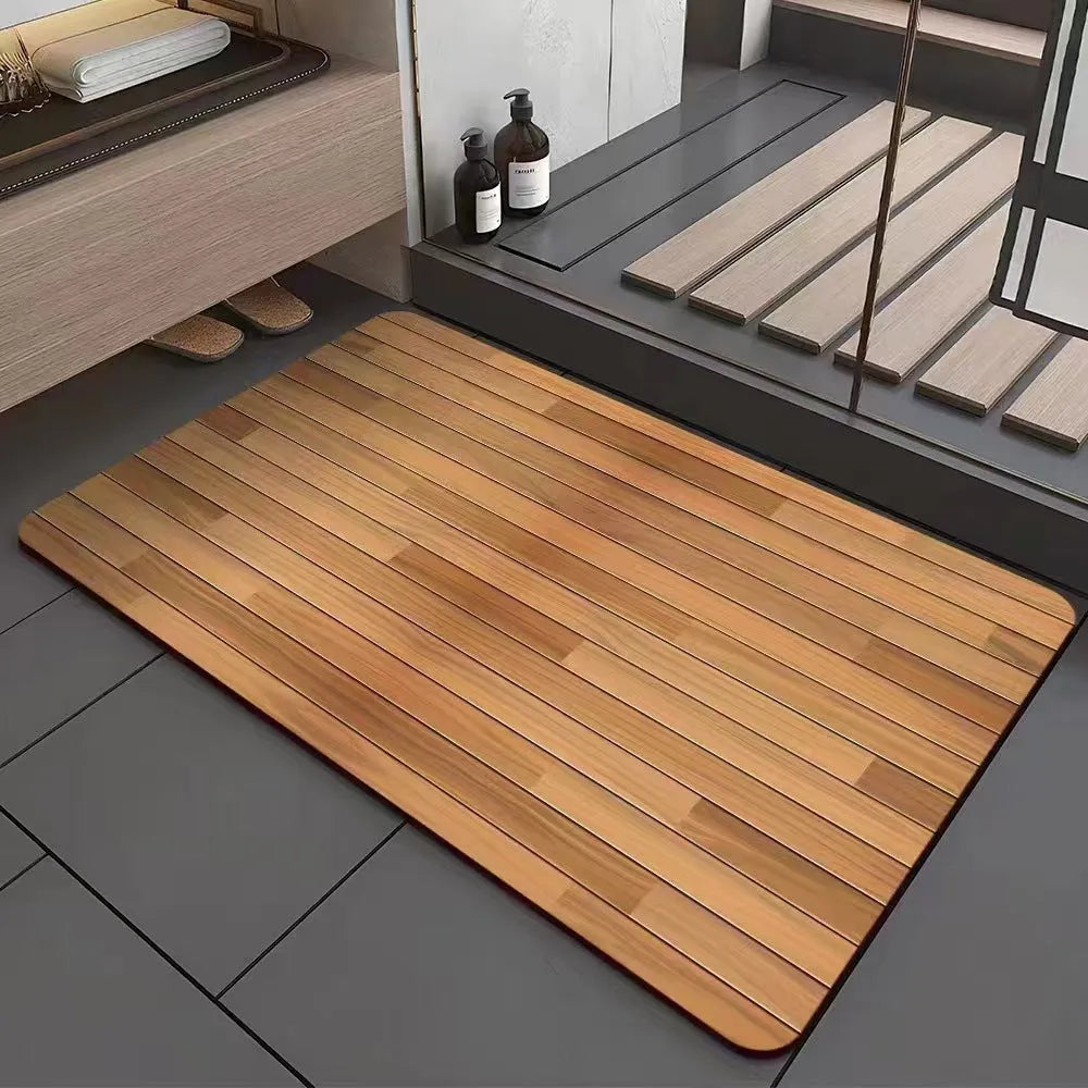 Square American style wood grain patterned diatom ooze bathroom floor mat on a tiled floor.