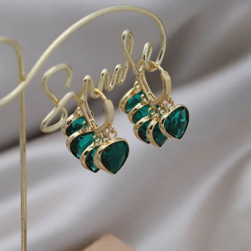 Korean style heart-shaped green glass ear clip earrings with alloy inlay artificial gemstones