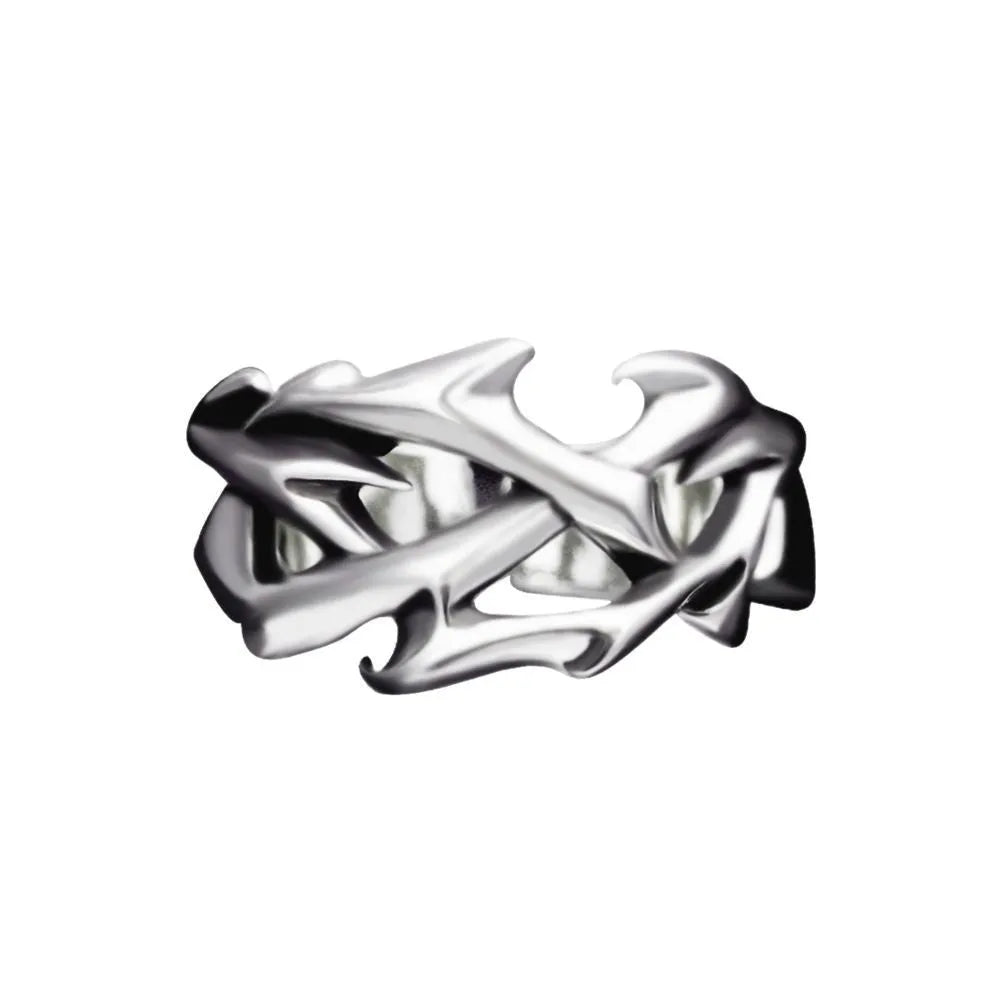 Copper geometric thorn flower ring with adjustable band on a finger, J2150 colour.