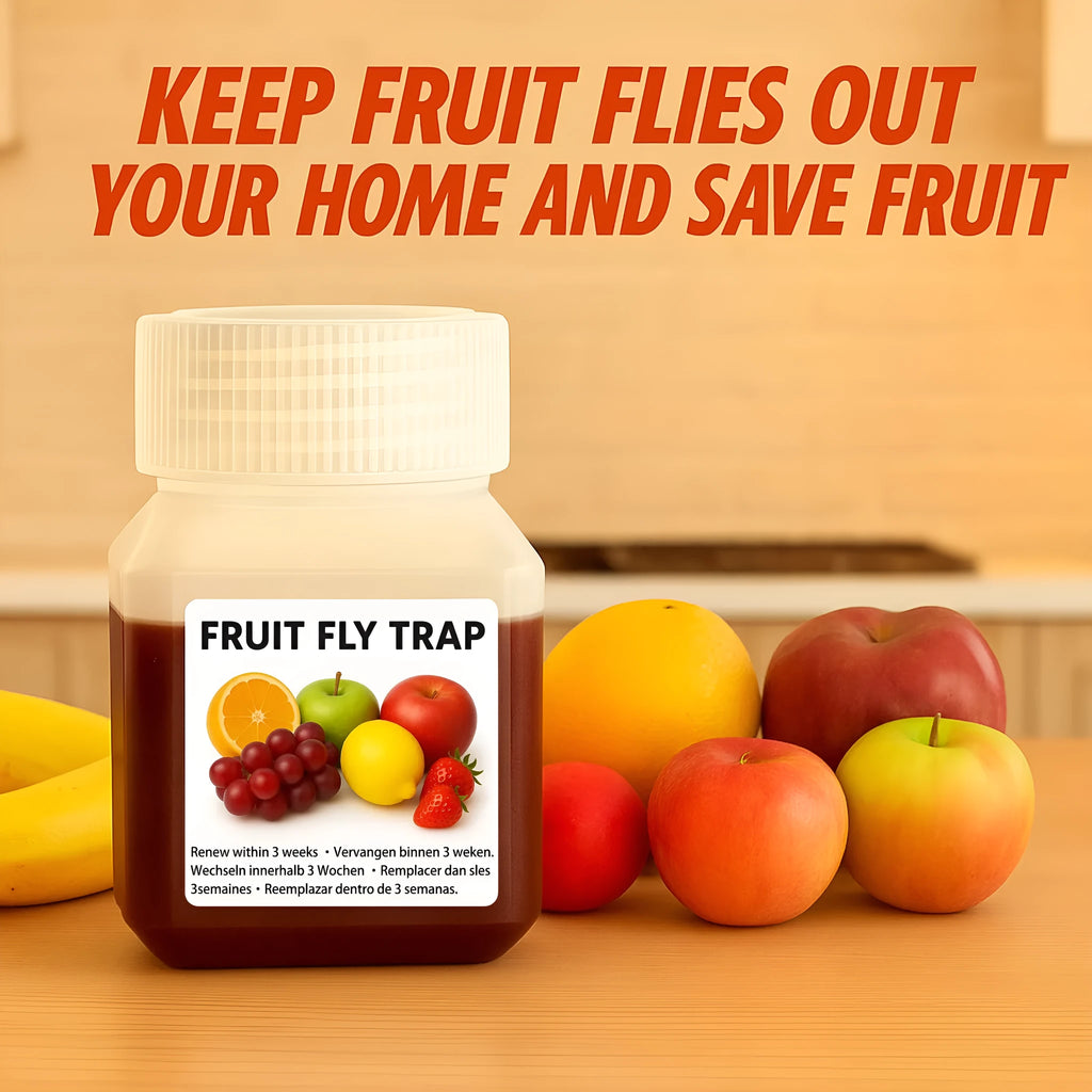 Bottle of SK003 fruit fly bait liquid with optional funnel for placement.