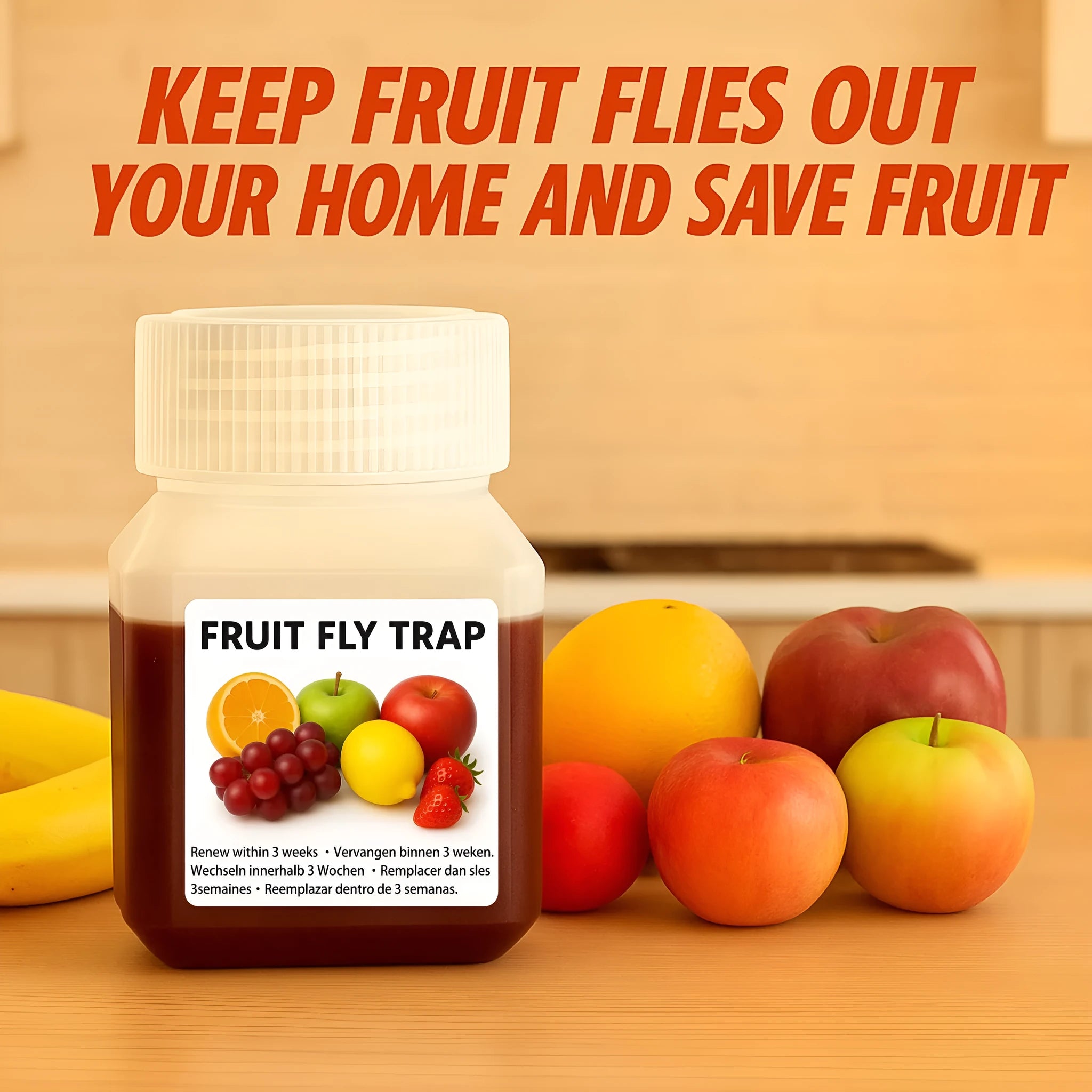 Bottle of SK003 fruit fly bait liquid with optional funnel for placement.