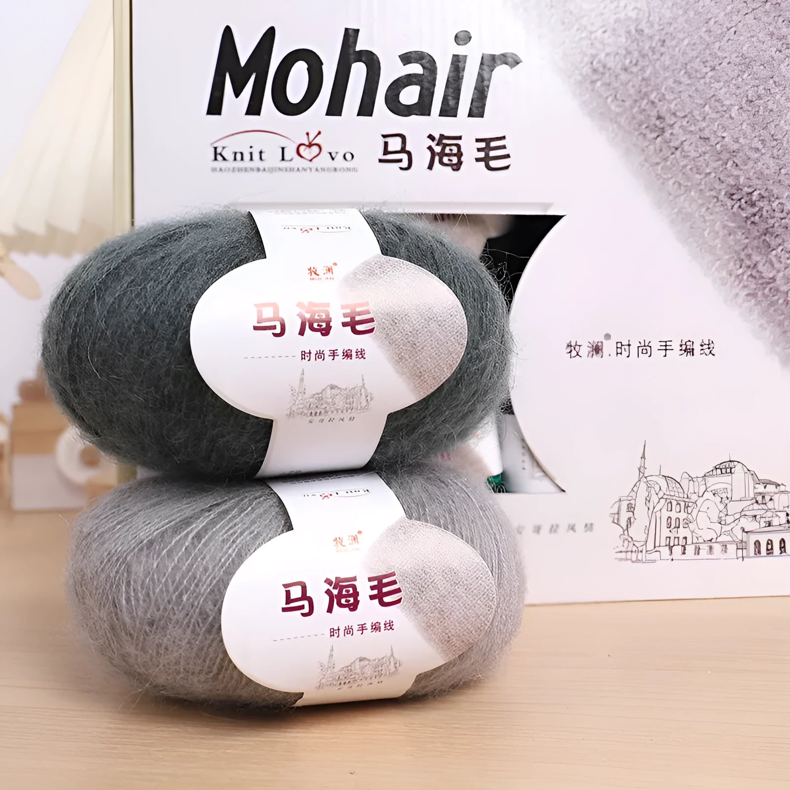DIY mohair scarf weaving kit showing one wool ball and a selection of 34 colour options including white, pink, blue and green.