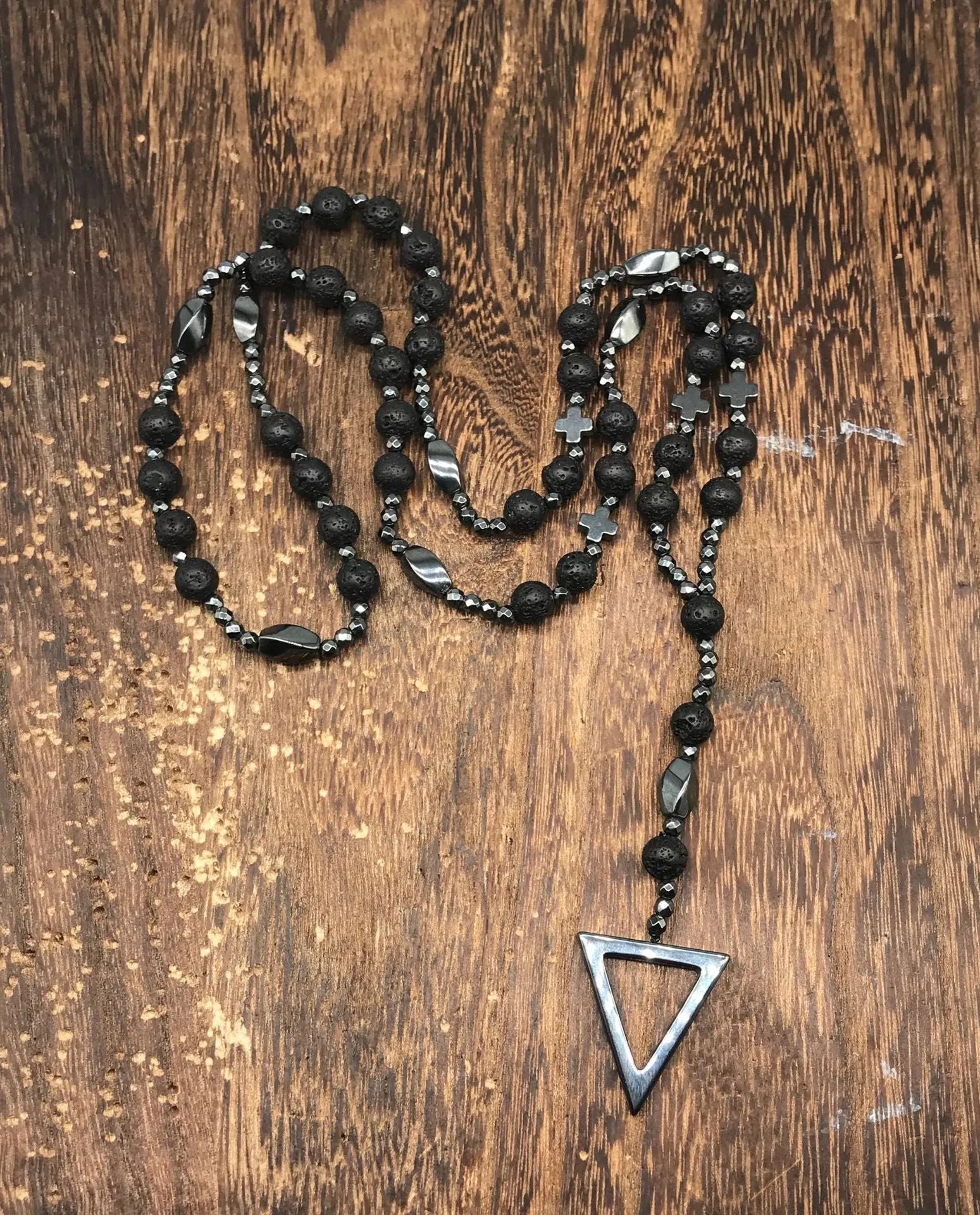 Men's stone cross pendant necklace with hand-woven detail on an 80cm ball bead chain.