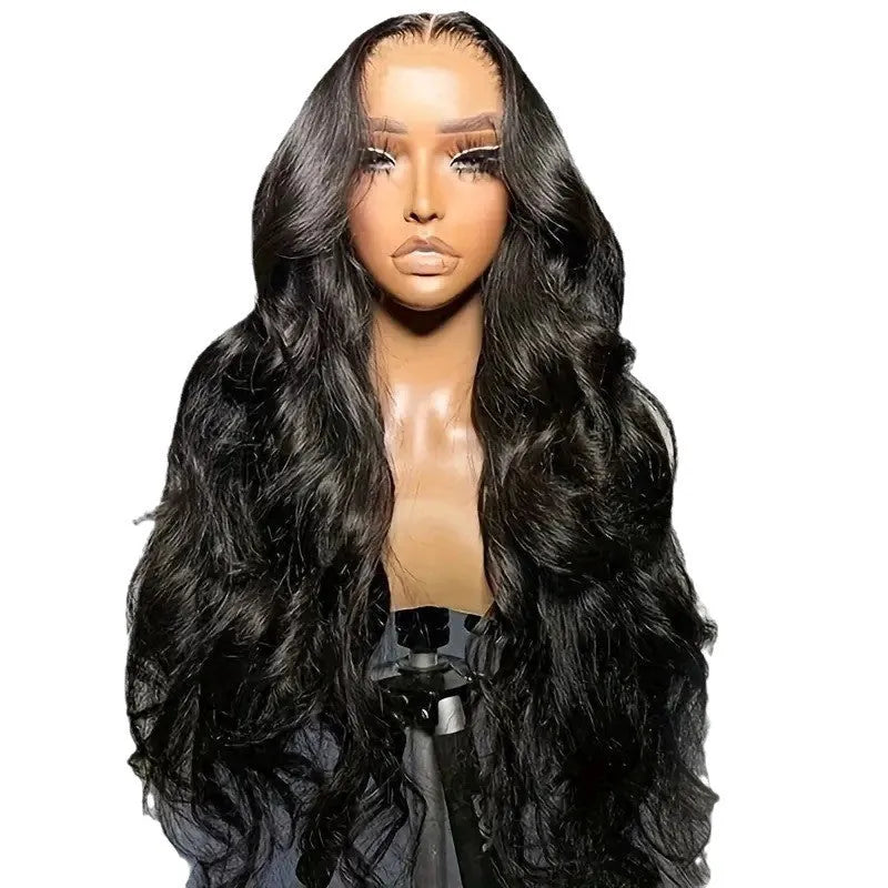 A black long wig with big waves and a lace front hairline, displayed on a mannequin head.