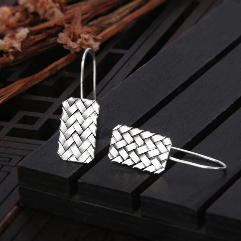 Silver geometric woven diamond plaid drop earrings on 925 sterling silver posts