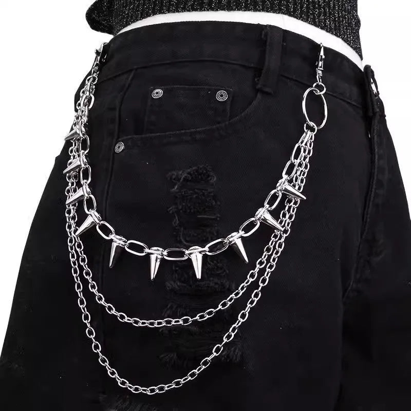 Silver metal double-layer pants chain with rivet details for punk hip hop style