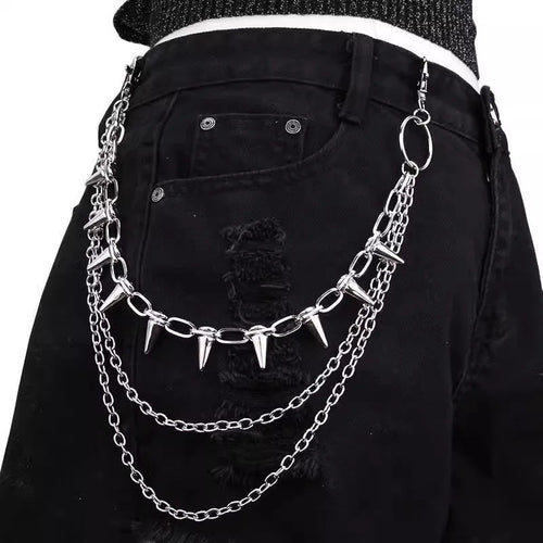 Silver metal double-layer pants chain with rivet details for punk hip hop style