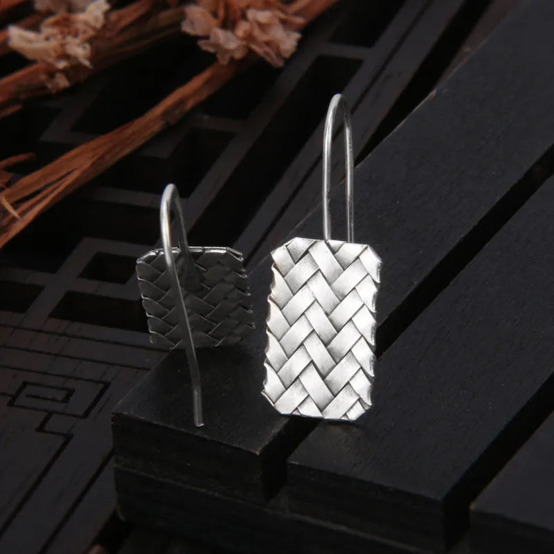Silver geometric woven diamond plaid drop earrings on 925 sterling silver posts