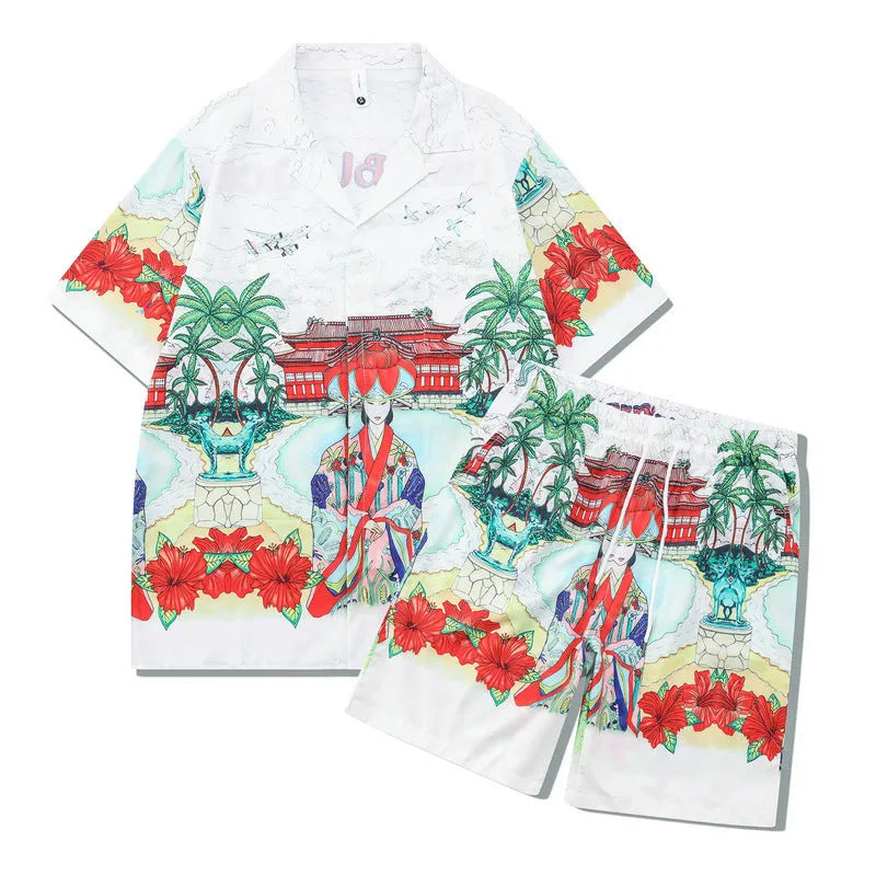 Men's plaid print short sleeve shirt and matching trousers, a two-piece casual beach outfit set.