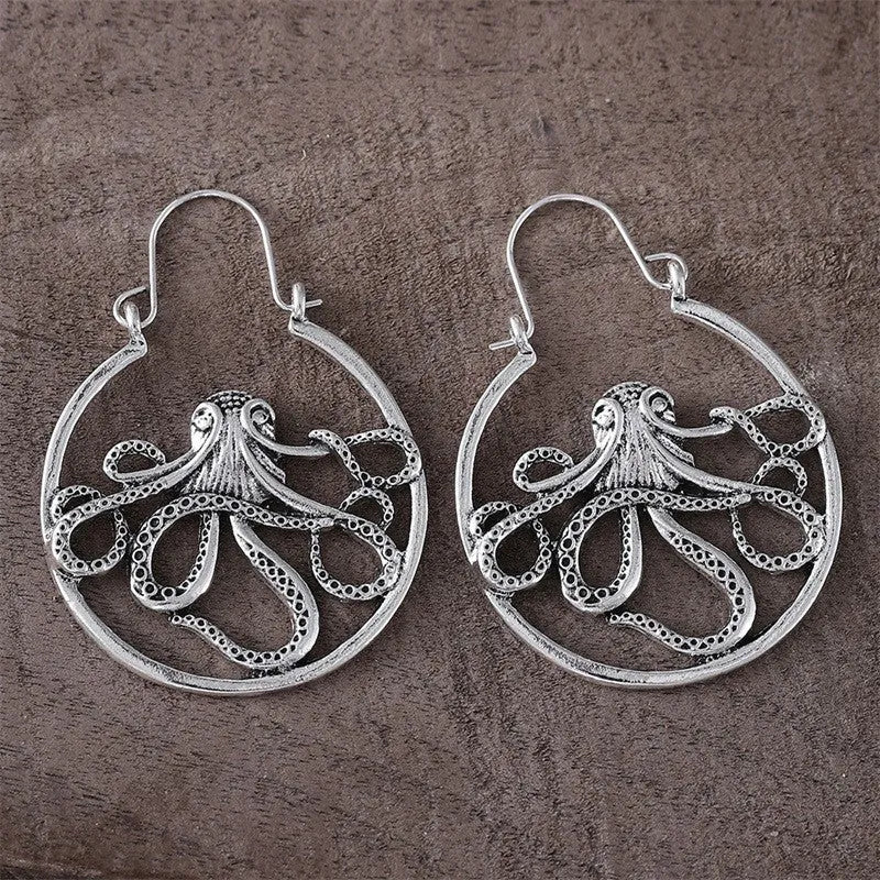 Vintage antique silver octopus earrings with zinc alloy construction and retro animal design