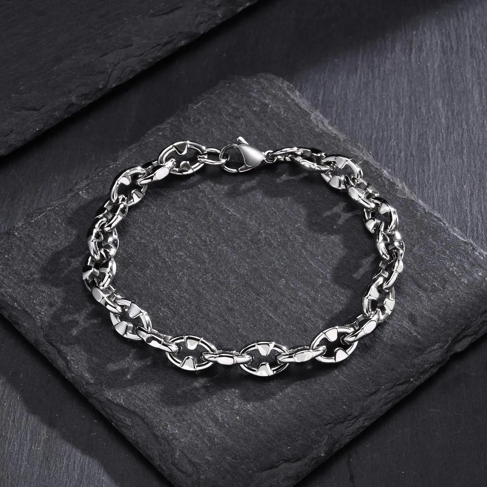 Handmade stainless steel thick chain bracelet with geometric links, steel colour, unisex hip hop style.
