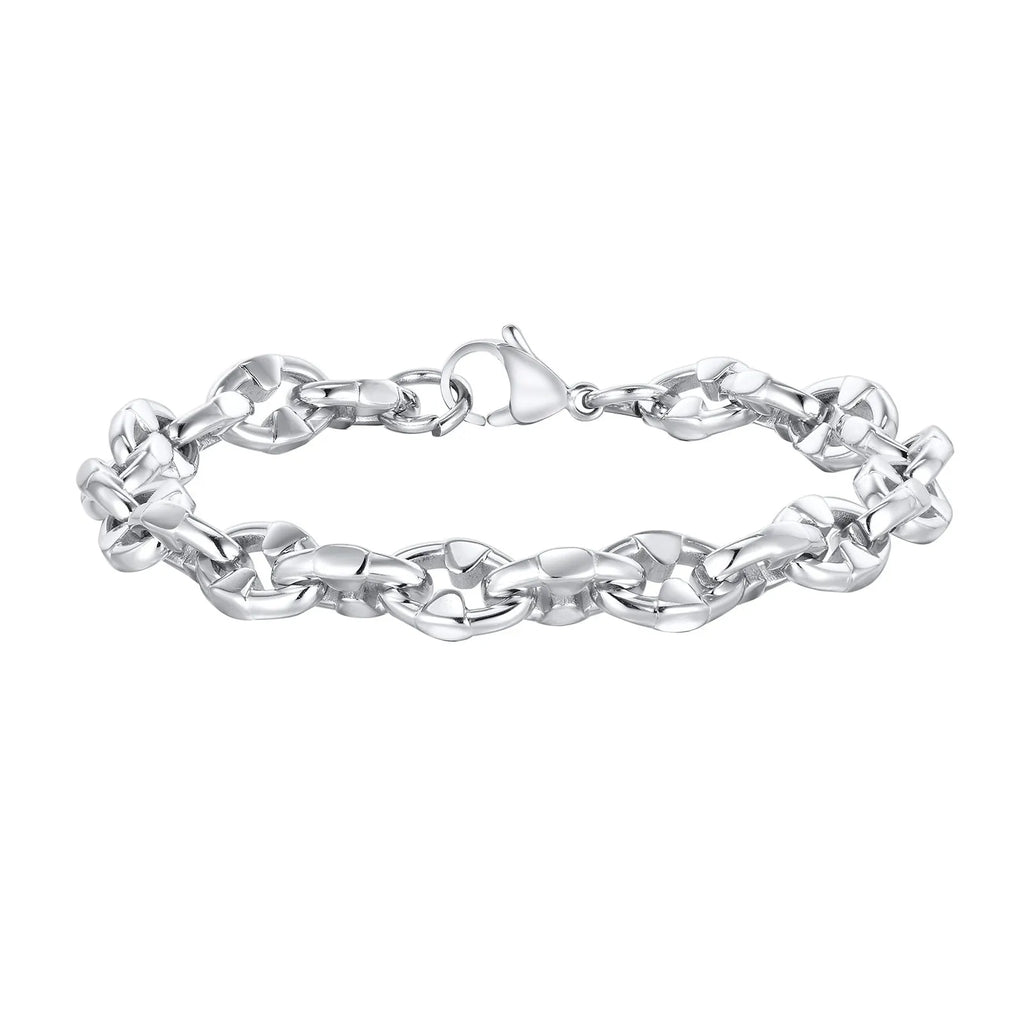 Handmade stainless steel thick chain bracelet with geometric links, steel colour, unisex hip hop style.