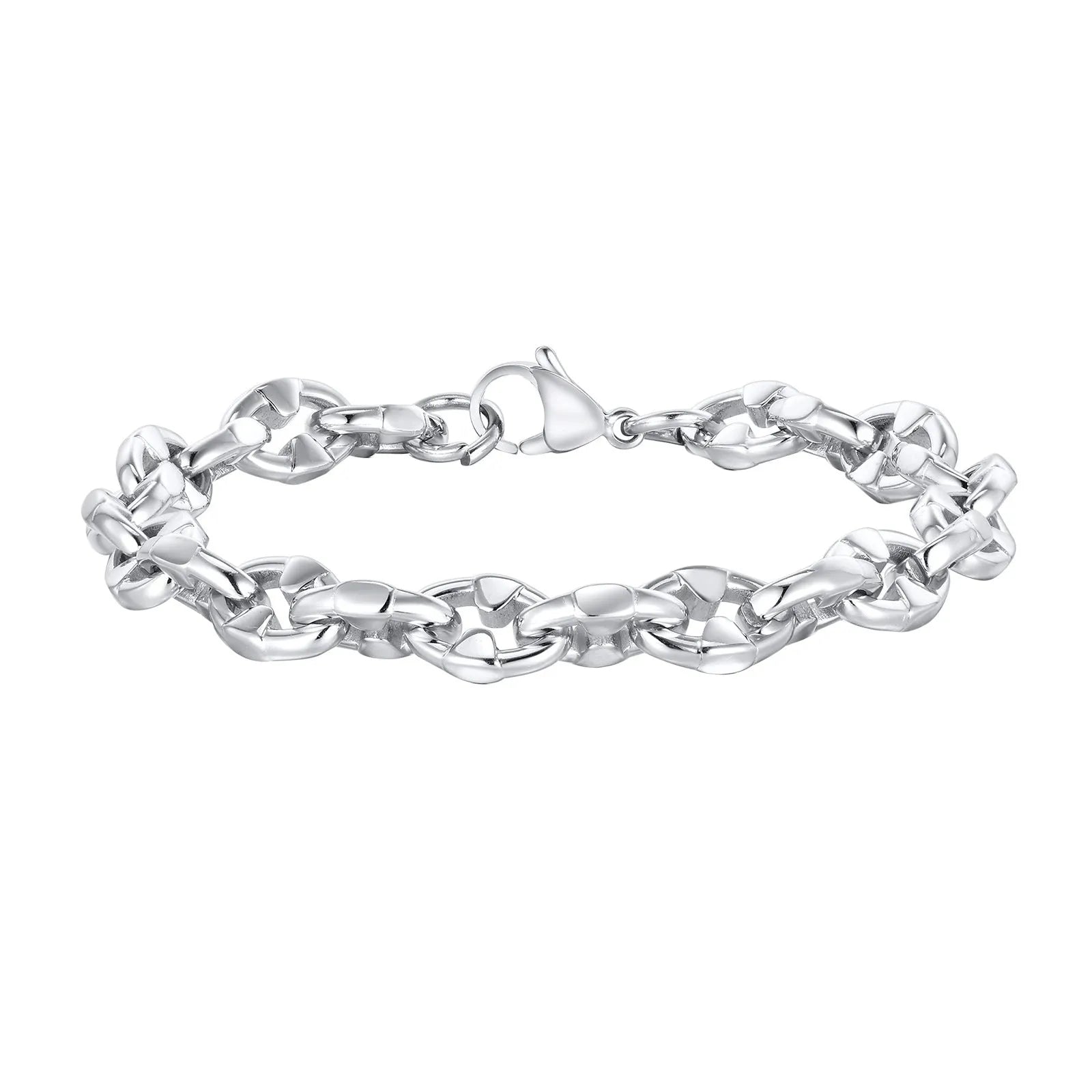 Handmade stainless steel thick chain bracelet with geometric links, steel colour, unisex hip hop style.