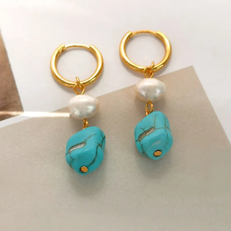 Turquoise irregular geometric cultured pearl earrings with copper setting in short and long styles