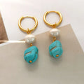 Turquoise irregular geometric cultured pearl earrings with copper setting in short and long styles