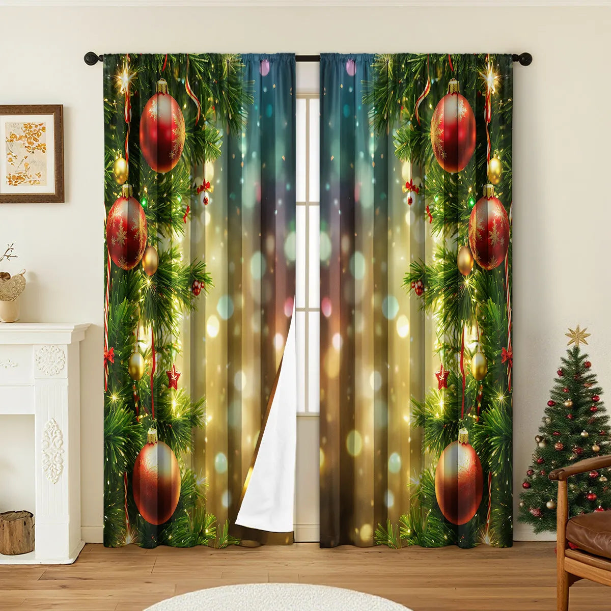 Pair of 3D digital printed polyester Christmas curtains with high sunshade capability in various sizes