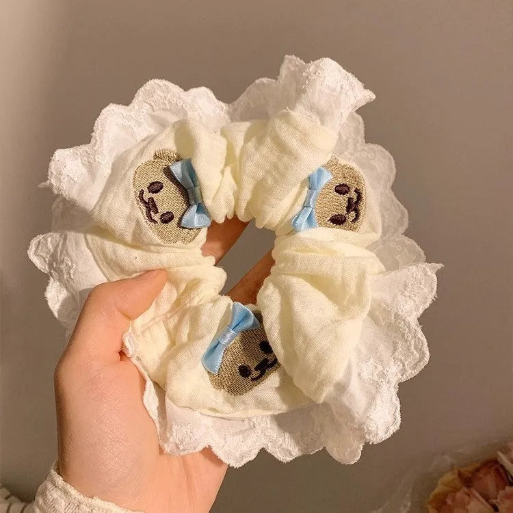 Bear blue bow lace large intestine hair ring made from cloth fabric with high elasticity