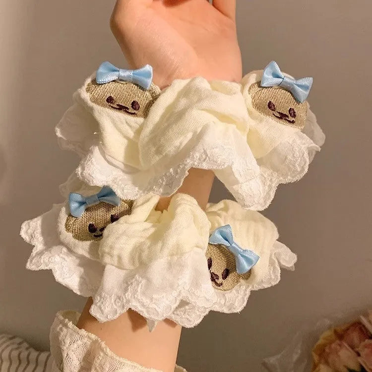 Bear blue bow lace large intestine hair ring made from cloth fabric with high elasticity