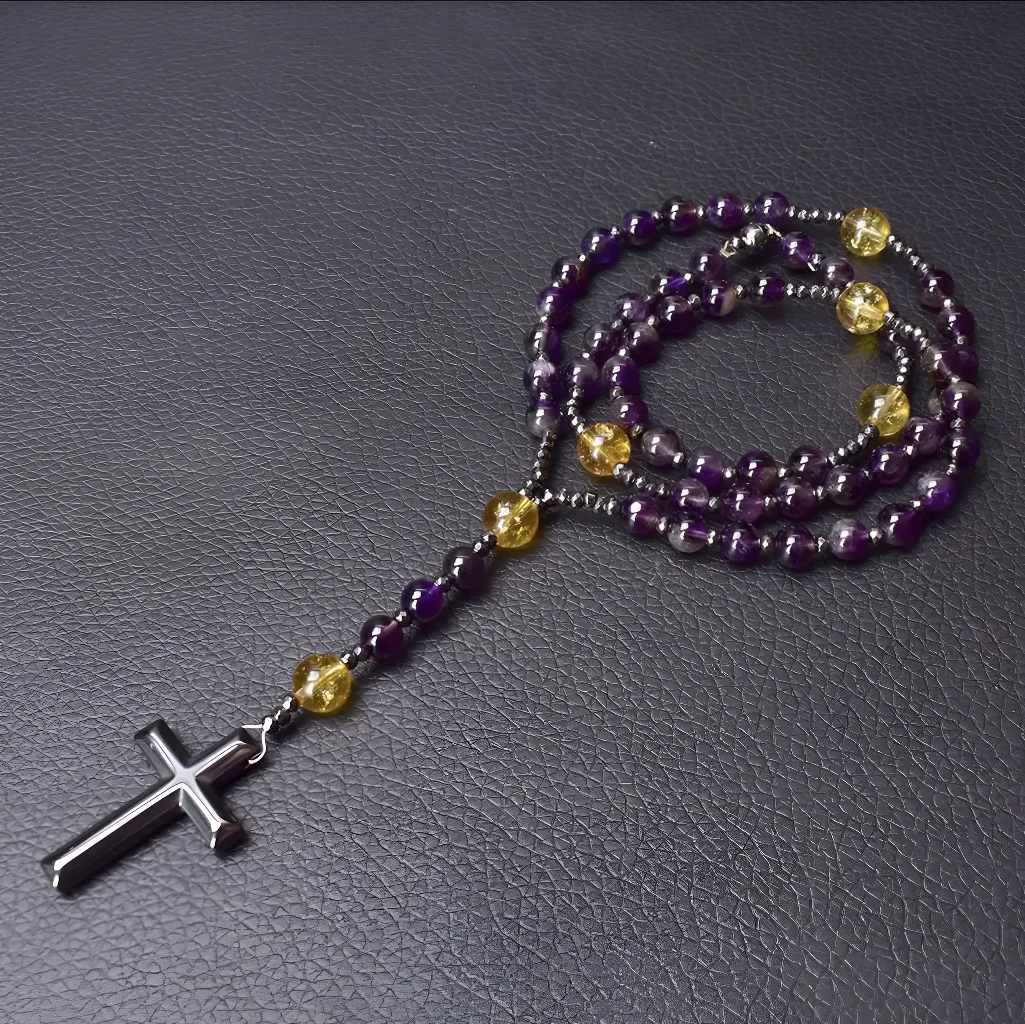 Men's stone cross pendant necklace with hand-woven detail on an 80cm ball bead chain.