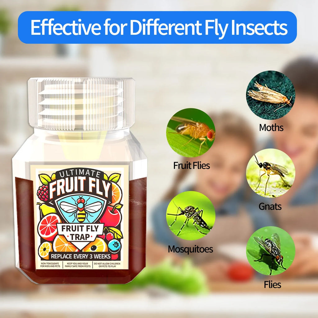 Bottle of SK003 fruit fly bait liquid with optional funnel for placement.