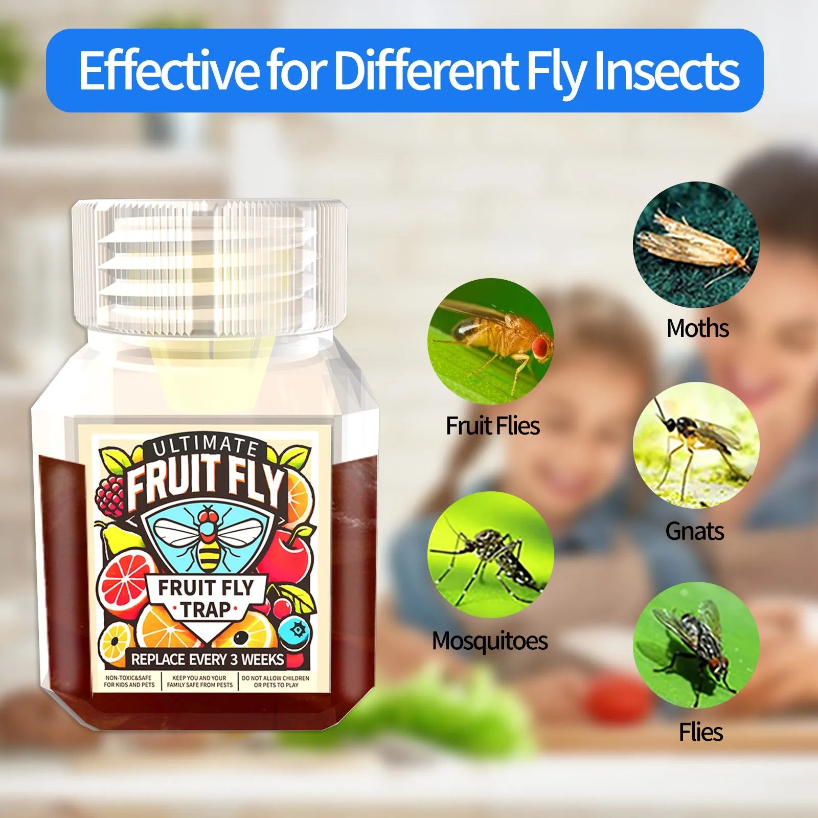 Bottle of SK003 fruit fly bait liquid with optional funnel for placement.