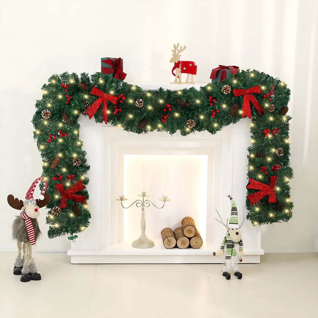 Christmas rattan pine cone bow decorative centrepiece with LED lighting on wooden table