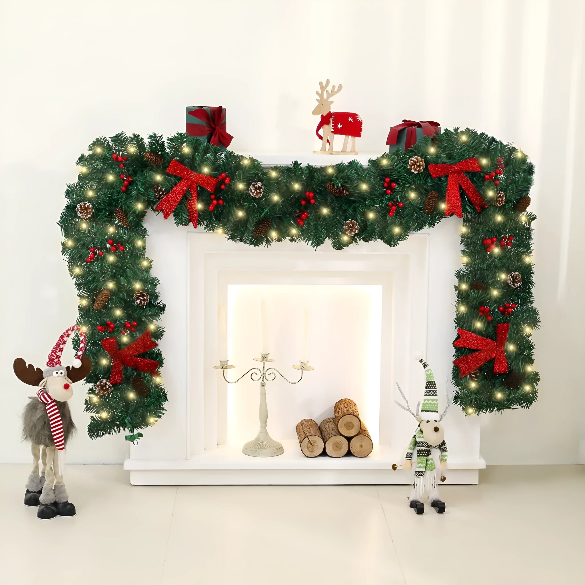 Christmas rattan pine cone bow decorative centrepiece with LED lighting on wooden table