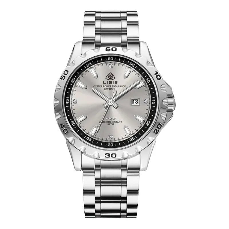 Silver men's business watch with stainless steel strap and luminous hands on black dial