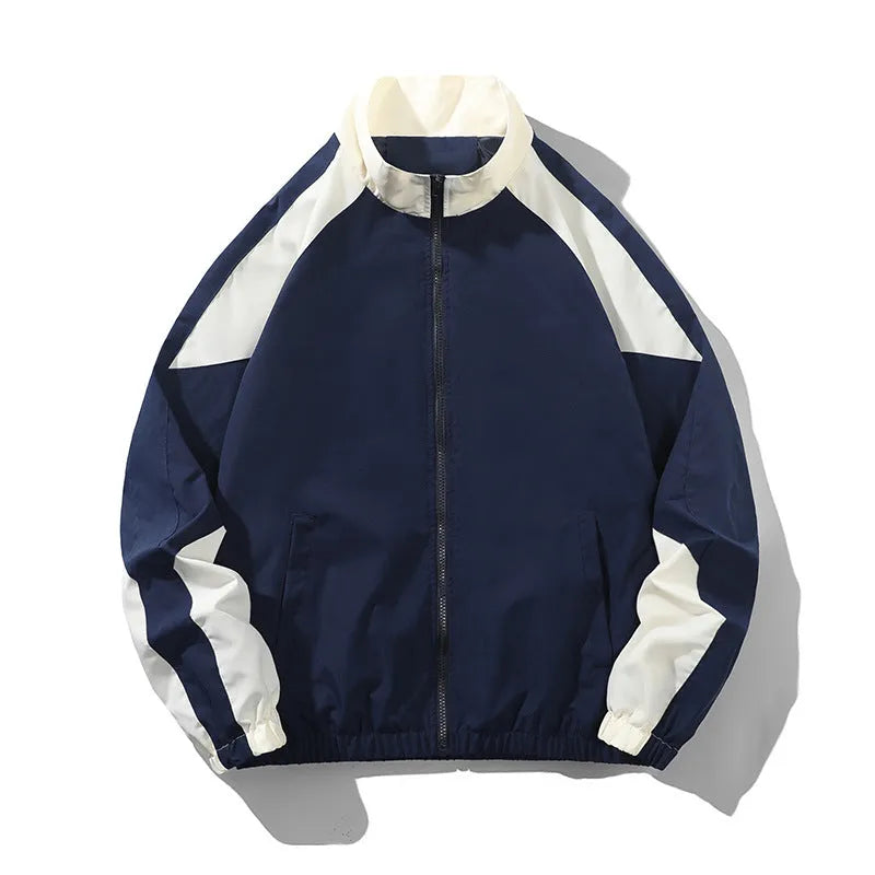 Men's black casual polyester jacket with contrast stitching and side seam pockets.