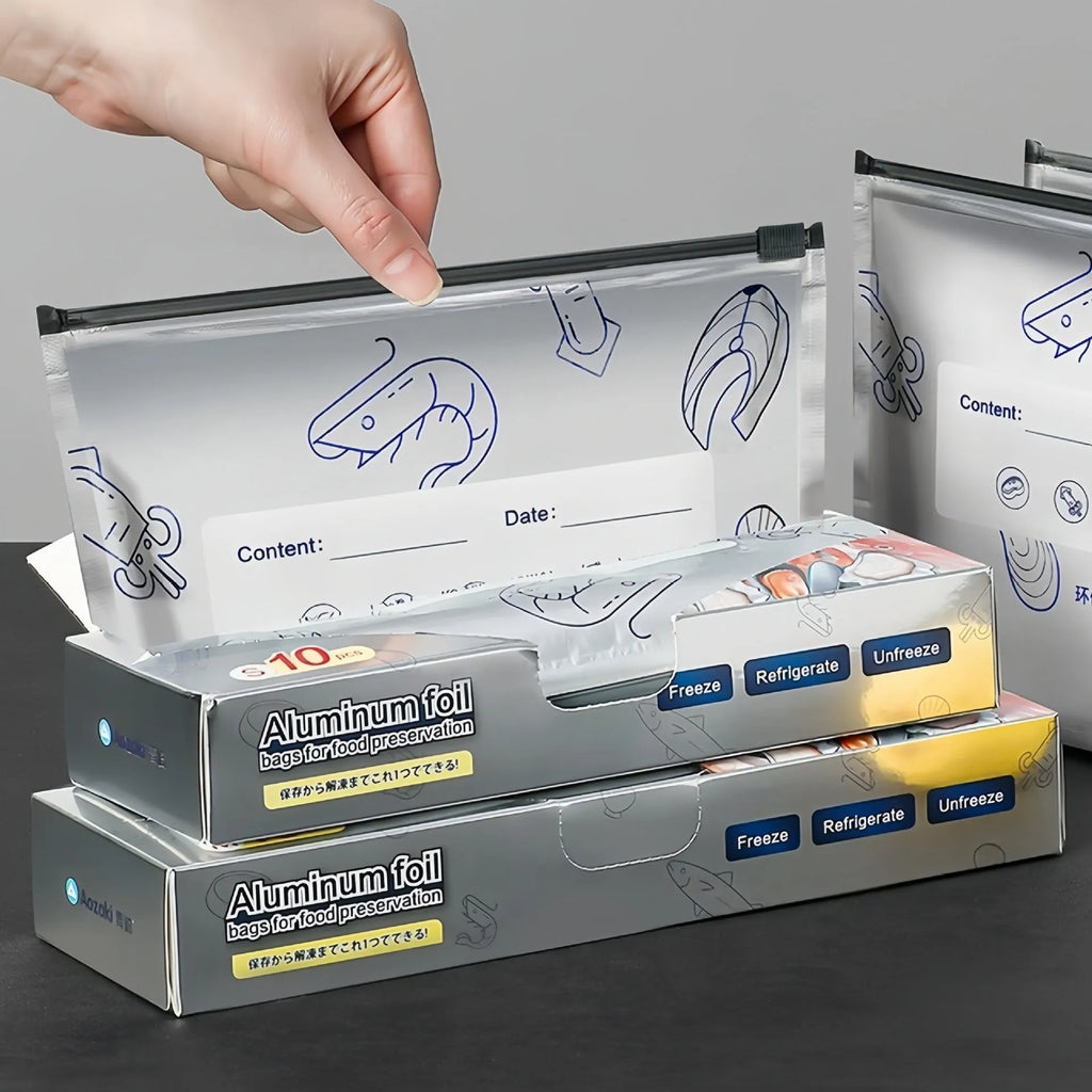 Aluminium foil heat-seal fresh-keeping bags in three sizes with temperature resistance from -60 to 100 degrees Celsius