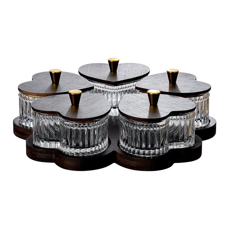 Glass retro serving platter with transparent heart-shaped lid showing multiple snack compartments