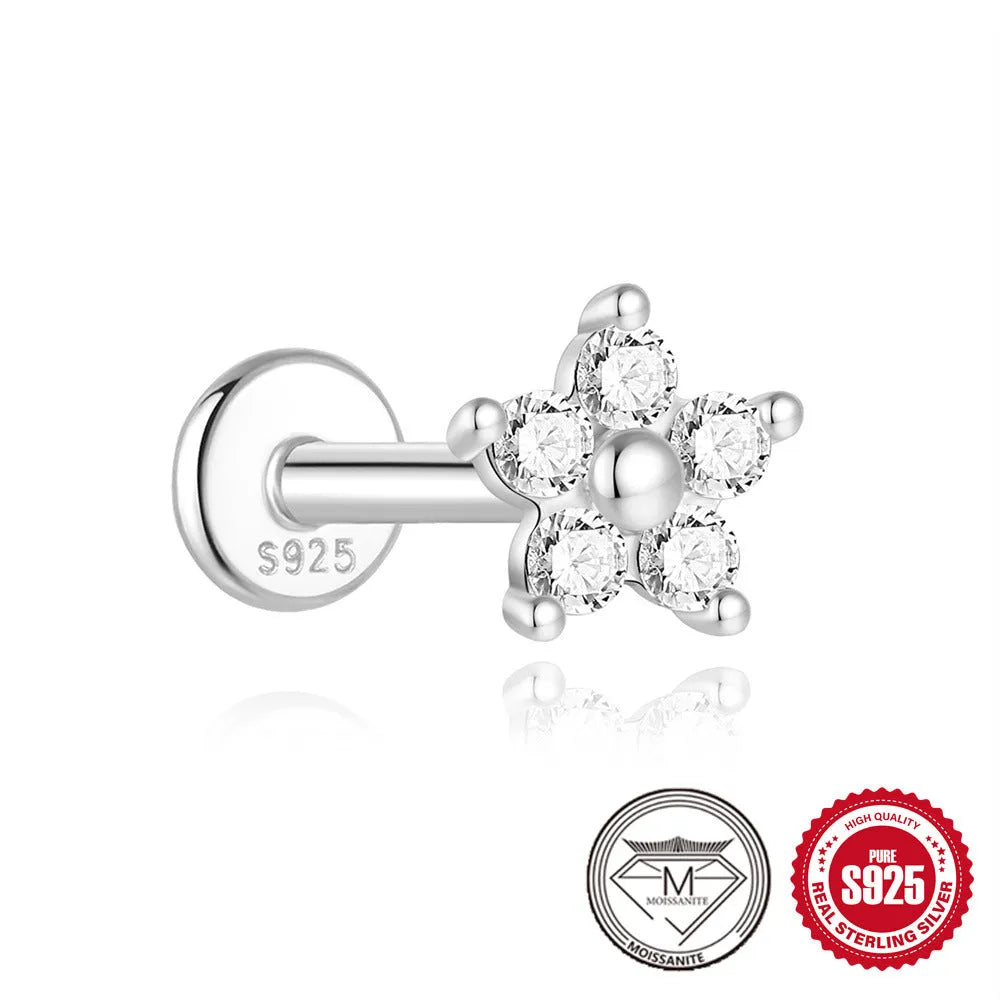 S925 sterling silver geometric stud earrings with petal diamond debris detailing in platinum colour finish