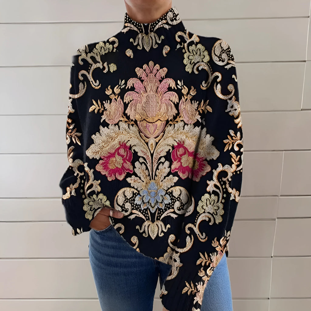 Black 3D pattern loose fit turtleneck long sleeve sweater on a hanger