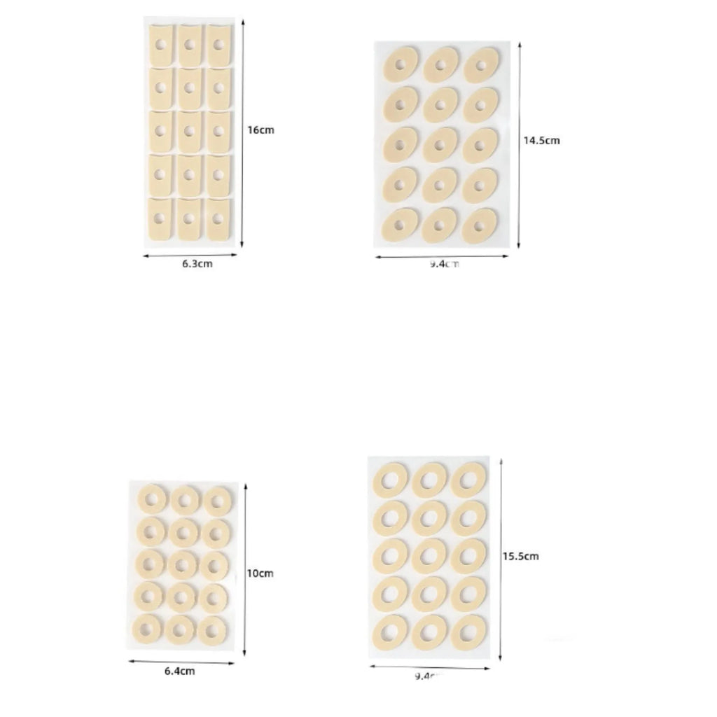 Women's heel grip toe pads pack showing four different shapes: large oval, small oval, U-shaped, and circular section