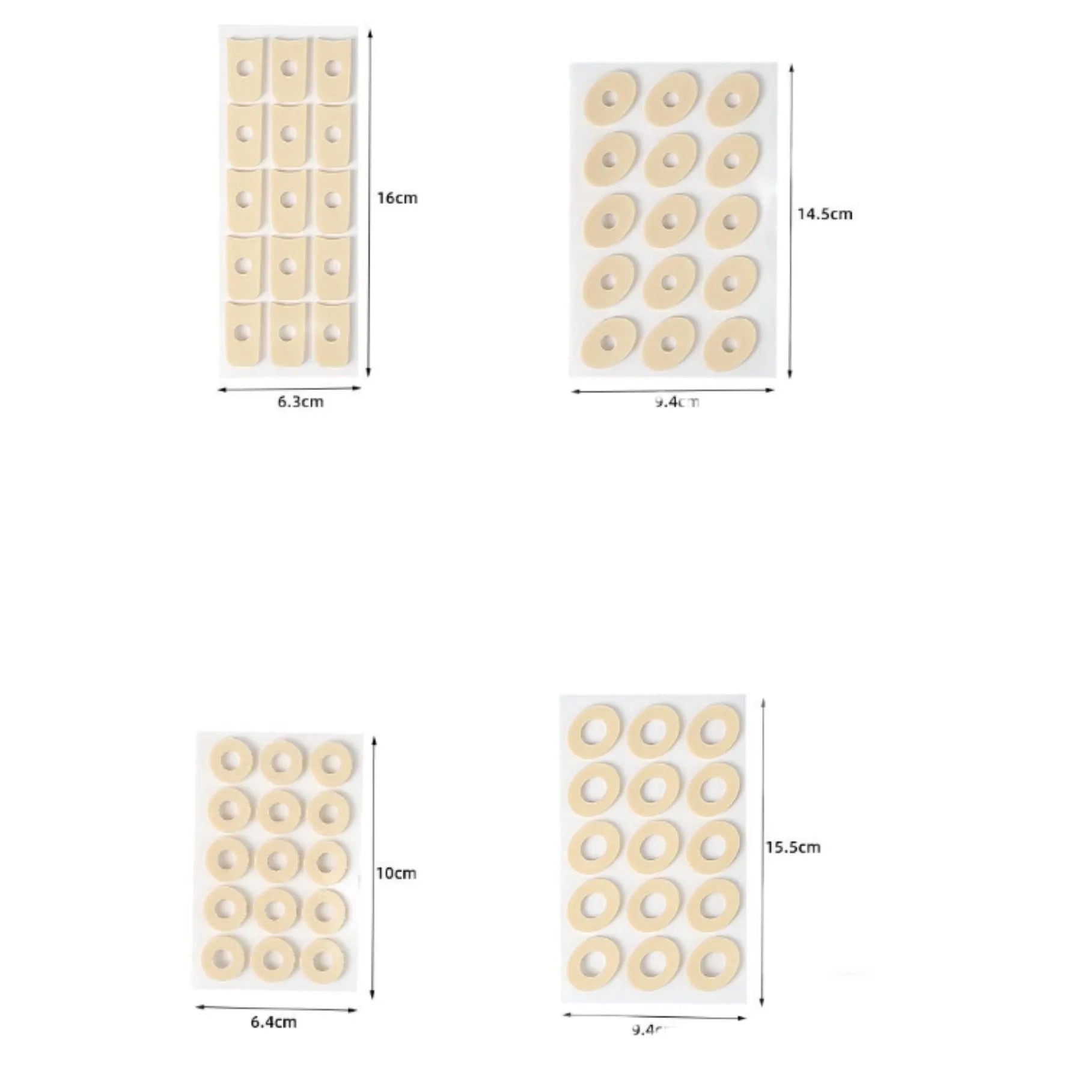 Women's heel grip toe pads pack showing four different shapes: large oval, small oval, U-shaped, and circular section